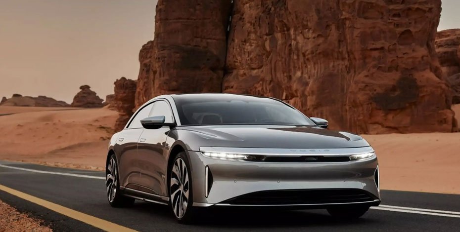 Lucid Air Grand Touring luxury electric sedan in silver, showcasing sleek design and futuristic features