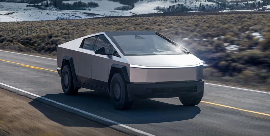 2025 Tesla Cybertruck electric pickup with stainless steel exoskeleton and angular design