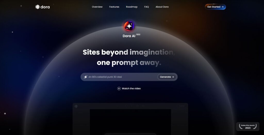 Dora AI website builder interface - create stunning sites with AI using simple prompts